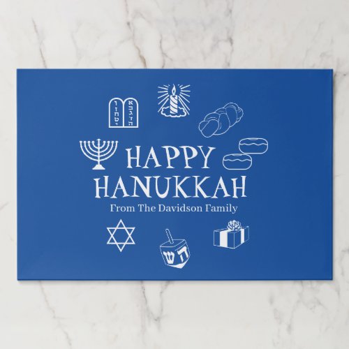 Happy Hanukkah blue  white custom name placemats