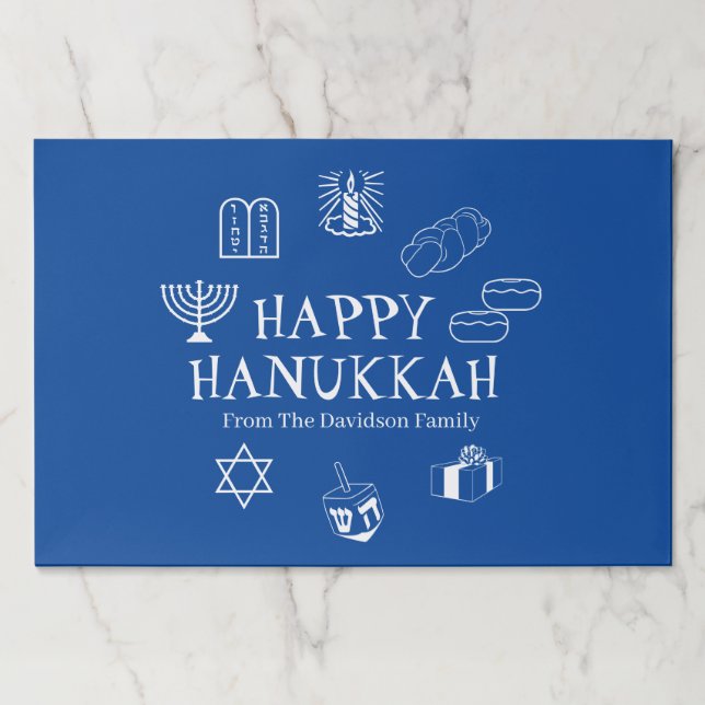 Happy Hanukkah blue & white custom name placemats (Front)