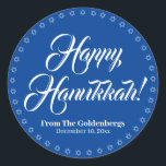 Happy Hanukkah blue white custom script text Classic Round Sticker<br><div class="desc">Happy Hanukkah custom script name text Elegant Hanukkah gift favor tag stickers.
Custom script text,  names and date surrounded by a border made of Stars of David,  Magen David.
Custom white text on blue background.</div>