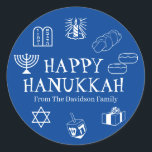 Happy Hanukkah blue white custom text cute modern Classic Round Sticker<br><div class="desc">Happy Hanukkah,  customize family name gift favor stickers.
Happy Hanukkah,  Happy Chanukah,  Hanukkah Sameach!,  Chag Sameach!,  Chag Urim Sameach!
Blue and white</div>