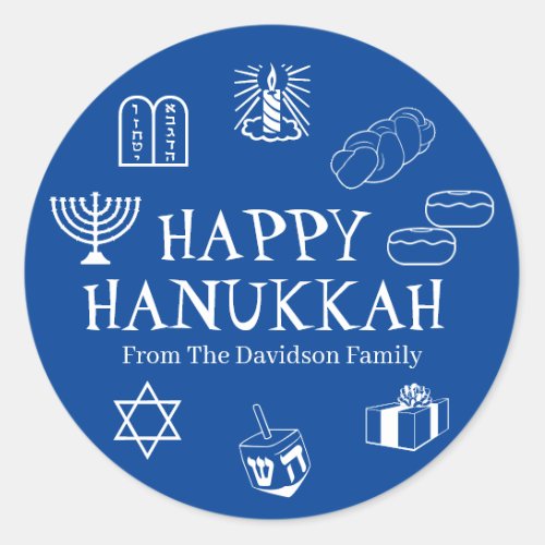 Happy Hanukkah blue white custom text cute modern Classic Round Sticker