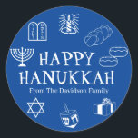 Happy Hanukkah blue white custom text cute modern Classic Round Sticker<br><div class="desc">Happy Hanukkah,  customize family name gift favor stickers.
Happy Hanukkah,  Happy Chanukah,  Hanukkah Sameach!,  Chag Sameach!,  Chag Urim Sameach!
Blue and white</div>