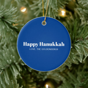 Happy Hanukkah blue white minimalist personalized Ceramic Ornament