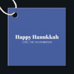 Happy Hanukkah blue white modern stripes custom Favor Tags<br><div class="desc">Happy Hanukkah blue and white typography simple modern Hanukkah personalized favor tags.
Fully customizable white text,  available in kraft or blue paper,  diagonal blue gold yellow and cream stripes pattern on the back back.</div>