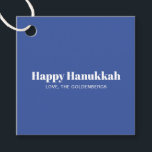Happy Hanukkah blue white modern stripes custom Favor Tags<br><div class="desc">Happy Hanukkah blue and white typography simple modern Hanukkah personalized favor tags.
Fully customizable white text,  available in kraft or blue paper,  diagonal blue gold yellow and cream stripes pattern on the back back.</div>