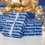 Happy Hanukkah blue white modern typography gift Wrapping Paper<br><div class="desc">Happy Hanukkah blue and white modern typography pattern gift Wrapping Paper.
White text pattern on blue background.</div>