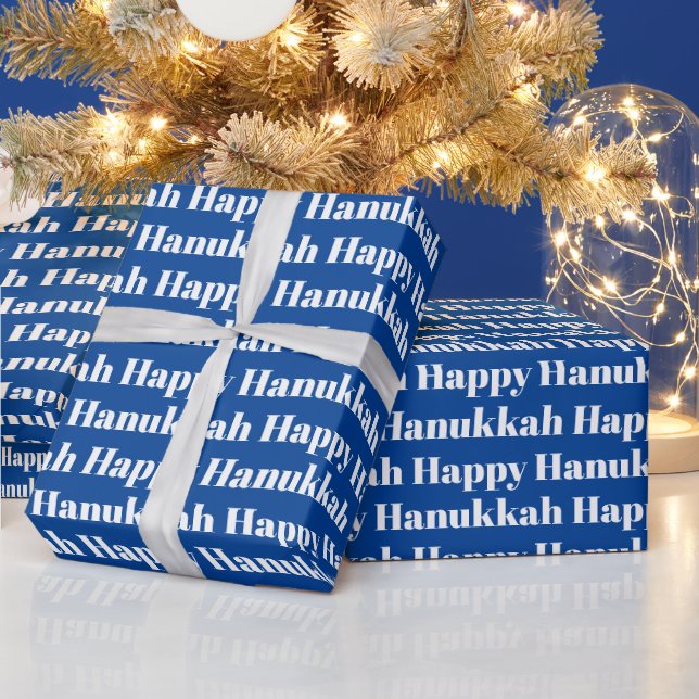 Happy Hanukkah blue white modern typography gift Wrapping Paper (Holidays)