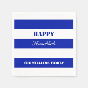 Happy Hanukkah Blue White Striped Pattern Napkins