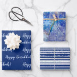 Happy Hanukkah Blue Winter Wrapping Paper Sheets<br><div class="desc">Happy Hanukkah Blue Winter Wrapping Paper Sheets. Shades of blue and white with a Jewish Religion theme. Snowflakes,  stars,  and stripes a variety on each gift wrapping sheet in the set of 3.</div>