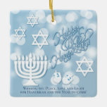 Happy Hanukkah Bokeh Collage with Photo on Back Ceramic Ornament<br><div class="desc">This beautiful ornament makes a festive Hanukkah gift or family keepsake/memento. It features a beautiful pale blue collage of a menorah, dreidel, and several stars of David on a bokeh or soft focus lights background. The caption reads Happy Hanukkah in lacy script lettering, and there is space for a short...</div>