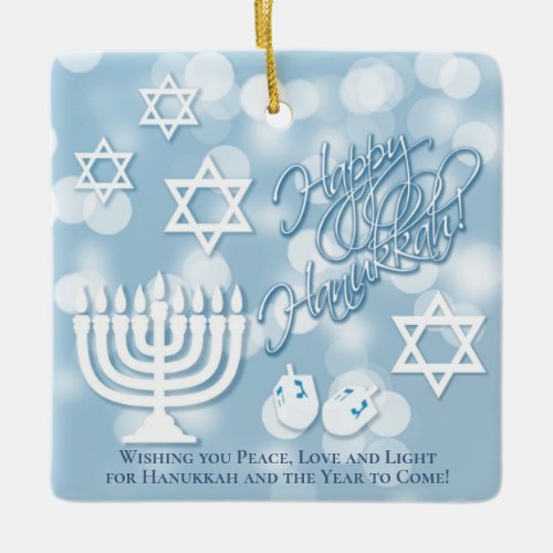 Happy Hanukkah Bokeh Collage with Photo on Back Ceramic Ornament
