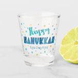 Happy Hanukkah Bold Funny Typography Star of David Shot Glass<br><div class="desc">“Happy Hanukkah.” Fun, whimsical turquoise, navy and teal blue handcrafted typography, a random light blue and faux gold foil Star of David pattern, and a funny saying help you usher in Hanukkah. Feel the warmth of the holiday season whenever you relax with your favorite spirits with this stylish and modern...</div>