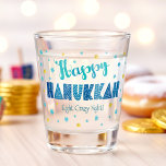 Happy Hanukkah Bold Funny Typography Star of David Shot Glass<br><div class="desc">“Happy Hanukkah.” Fun, whimsical turquoise, navy and teal blue handcrafted typography, a random light blue and faux gold foil Star of David pattern, and a funny saying help you usher in Hanukkah. Feel the warmth of the holiday season whenever you relax with your favorite spirits with this stylish and modern...</div>