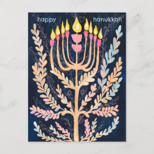 Happy Hanukkah Botanical Menorah Holiday Postcard
