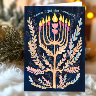 Happy Hanukkah Botanical Menorah Watercolor Holiday Card