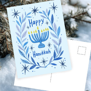 Happy Hanukkah Botanical Menorah Watercolor Holiday Postcard