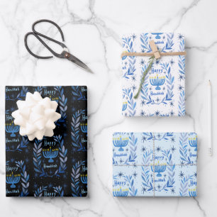Happy Hanukkah Botanical Menorah Watercolor Wrapping Paper Sheets