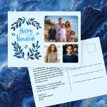 Happy Hanukkah Botanical Watercolor CUSTOM 3 Photo Holiday Postcard<br><div class="desc">Sweet drawing to wish someone happy hanukkah! Click "personalize" to add your own photos to the front and text to the back side. Also available as greeting card or digital download to send instantly via email or text message. Check my shop for more or let me know if you'd like...</div>