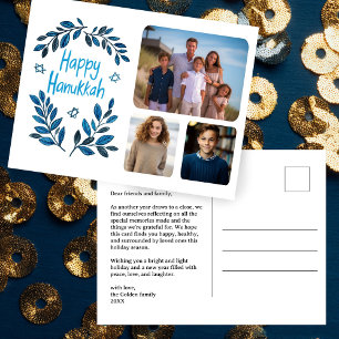 Happy Hanukkah Botanical Watercolor CUSTOM 3 Photo Holiday Postcard