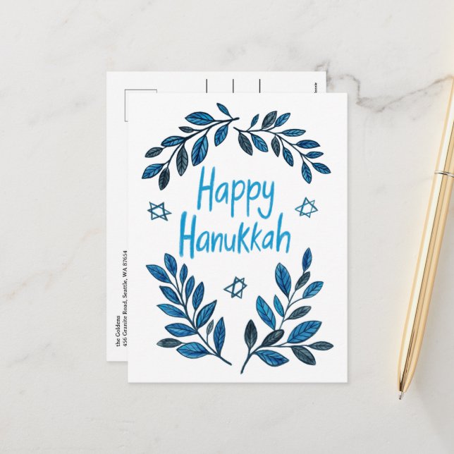 Happy Hanukkah Botanical Watercolor Holiday Postcard (Front/Back In Situ)