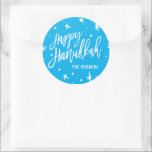 Happy Hanukkah Brush Script Custom Name Classic Round Sticker<br><div class="desc">Great for gifts and gift wrapping this Hanukkah,  use these festive holiday stickers,  personalized with your name. Need help with customization? Email us at hello@christiekelly.com for complimentary assistance.</div>