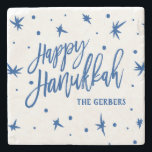 Happy Hanukkah Brush Script Custom Name Stone Coaster<br><div class="desc">A great gift for your favorite family or fun for your own home for Hanukkah. Celebrate the Festival of Lights with custom home decor with this stone coaster,  personalized with your name. Need help with customization? Email us at hello@christiekelly.com for complimentary assistance.</div>