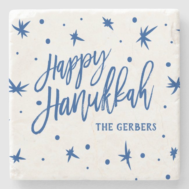 Happy Hanukkah Brush Script Custom Name Stone Coaster