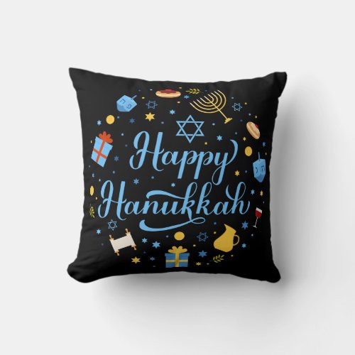 Happy Hanukkah calligraphy lettering Throw Pillow