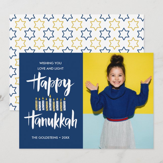 Happy Hanukkah Candles Blue Holidays photo Invitation (Front/Back)