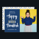 Happy Hanukkah Candles Blue Holidays photo Invitation<br><div class="desc">Festive Hanukkah Holiday  photo greeting card featuring your best portrait photo and "happy hanukkah" in hand lettered style brush typography and candles in shades of blues and yellows.
Personalize the custom text with your name and year.
Cards reverse to a pattern of stars of a coordinated blue background.</div>