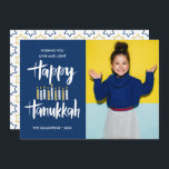 Happy Hanukkah Candles Blue Holidays photo Invitation<br><div class="desc">Festive Hanukkah Holiday  photo greeting card featuring your best portrait photo and "happy hanukkah" in hand lettered style brush typography and candles in shades of blues and yellows.
Personalize the custom text with your name and year.
Cards reverse to a pattern of stars of a coordinated blue background.</div>