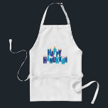 Happy Hanukkah Candles Holiday  Adult Apron<br><div class="desc">Make your Chanukah cooking and baking a little more festive with this apron. The greeting "Happy Hanukkah" is spelled out in blue tonal colors. The stacked letters serve as a menorah with small flames burning on top of nine "candle letters". Available with matching products.</div>