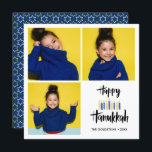 Happy Hanukkah Candles | Holidays 3 photos Invitation<br><div class="desc">Festive Hanukkah Holiday photo greeting card featuring three of your personal photo and "happy hanukkah" in hand lettered style brush typography and candles in shades of blues and yellows. Personalize the custom text with your name and year. Cards reverse to a pattern of white and yellow stars on a coordinated...</div>