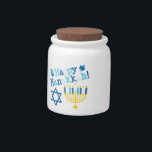 Happy Hanukkah Candy Jar<br><div class="desc">Happy Hanukkah text with a menorah,  Star of David and two dreidels. Shades of blue,  white and yellow.</div>