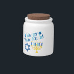 Happy Hanukkah Candy Jar<br><div class="desc">Happy Hanukkah text with a menorah, Star of David and two dreidels. Shades of blue, white and yellow.</div>