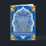 Happy Hanukkah Card<br><div class="desc">A beautiful and elegant greeting card to wish a Happy Hanukkah to someone. Perfect card for the celebration of the Jewish festival of lights. Bright in colors with a menorah in front surrounded with olives and branches, colorful frames and the stars of David on a royal blue background and bright...</div>