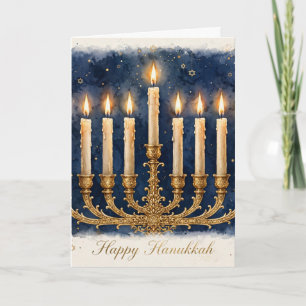 Happy Hanukkah Card — Watercolor Menorah Navy Gold