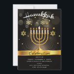 Happy Hanukkah Celebration Party Invitation<br><div class="desc">Invite in style your guests to a Hanukkah celebration party for a night of joy, laughter, and delicious latkes. Our invitation card is an exquisite blend of elegance and tradition, featuring a stunning gold Star of David and a gold Menorah on a chic black background. It's not just a card;...</div>
