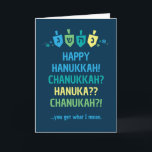 Happy Hanukkah Chanukah Dreidel Greeting Card<br><div class="desc">Share the joy of the holiday season with your friends and family with this humorous Happy Hanukkah Chanukah Dreidel Greeting Card. This design features colorful dreidels on a navy background surrounded by confetti. Pair with other items from the Hanukkah Dreidel Party collection for a cohesive, festive celebration.</div>