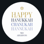 Happy Hanukkah Chanukah Holiday Round Sticker<br><div class="desc">Faux simulated gold foil design is incorporated in this design. Personalize the custom text above. You can find additional coordinating items in our "Happy Hanukkah Chanukah" collection.</div>