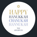 Happy Hanukkah Chanukah Holiday Round Sticker<br><div class="desc">Faux simulated gold foil design is incorporated in this design. Personalize the custom text above. You can find additional coordinating items in our "Happy Hanukkah Chanukah" collection.</div>