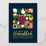 Happy Hanukkah / Chanukah Jewish Greeting Foil  Holiday Card<br><div class="desc">Happy Hanukkah / Chanukah Modern Geometric Holiday Greetings in Real Gold Foil on Dark Navy. Menorah, Dreidel, Donuts, Stars & Olive oil... They are all here. Jewish Hanukkah Symbols Space to add your personalized text on the front & reverse. Hebrew on the reverse says, "Chanukah Sameach" — Happy Hanukkah. This...</div>
