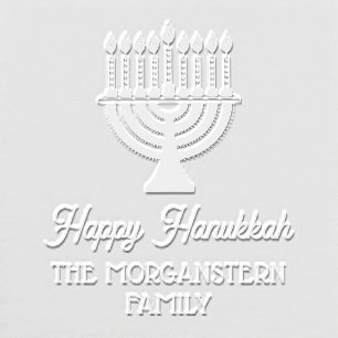 Happy Hanukkah Chanukah Lit Menorah Family Name Embosser