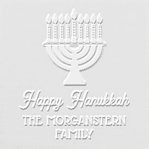 Happy Hanukkah Chanukah Lit Menorah Family Name Embosser