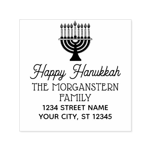 Happy Hanukkah Chanukah Lit Menorah Name Address Self_inking Stamp