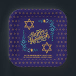HAPPY HANUKKAH Chanukah Paper Plates<br><div class="desc">Stylish HAPPY HANUKKAH Chanukah Paper Plates, with CUSTOMIZABLE TEXT, especially designed with the Star of David, corner embroidery and descriptive typography. The Scripture verse at the bottom is CUSTOMIZABLE so you can add your personalized message, eg. your name, family name or organization's name. These Hanukkah Plates would be a stylish...</div>