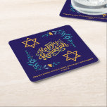 HAPPY HANUKKAH Chanukah Square Paper Coaster<br><div class="desc">Stylish HAPPY HANUKKAH Chanukah Paper Coasters, with CUSTOMIZABLE TEXT, especially designed with the Star of David, corner embroidery and descriptive typography. The Scripture verse at the bottom is CUSTOMIZABLE so you can add your personalized message, eg. your name, family name or organization's name. These Hanukkah Coasters would be a stylish...</div>