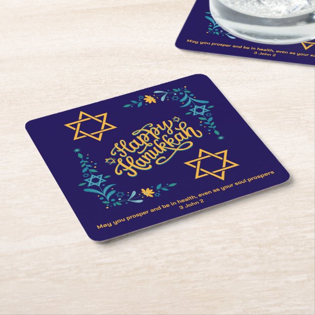HAPPY HANUKKAH Chanukah Square Paper Coaster (Angled)