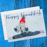 Happy Hanukkah Chic Modern Minimalist Photo Holiday Card<br><div class="desc">Modern customizable Jewish full photo Hanukkah card with a winter photograph of your child or family with blue script overlay. Customize these cute minimalist Chanukah cards.</div>
