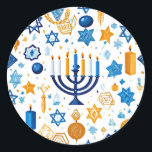 Happy Hanukkah Classic Round Sticker<br><div class="desc">Happy Hanukkah,  colorful blue and gold pattern.</div>